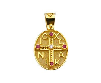 Gold handmade fashion pendant with precious stones in K18
					