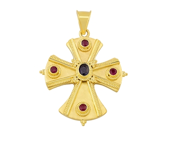 Gold handmade cross in 18K with mineral gems